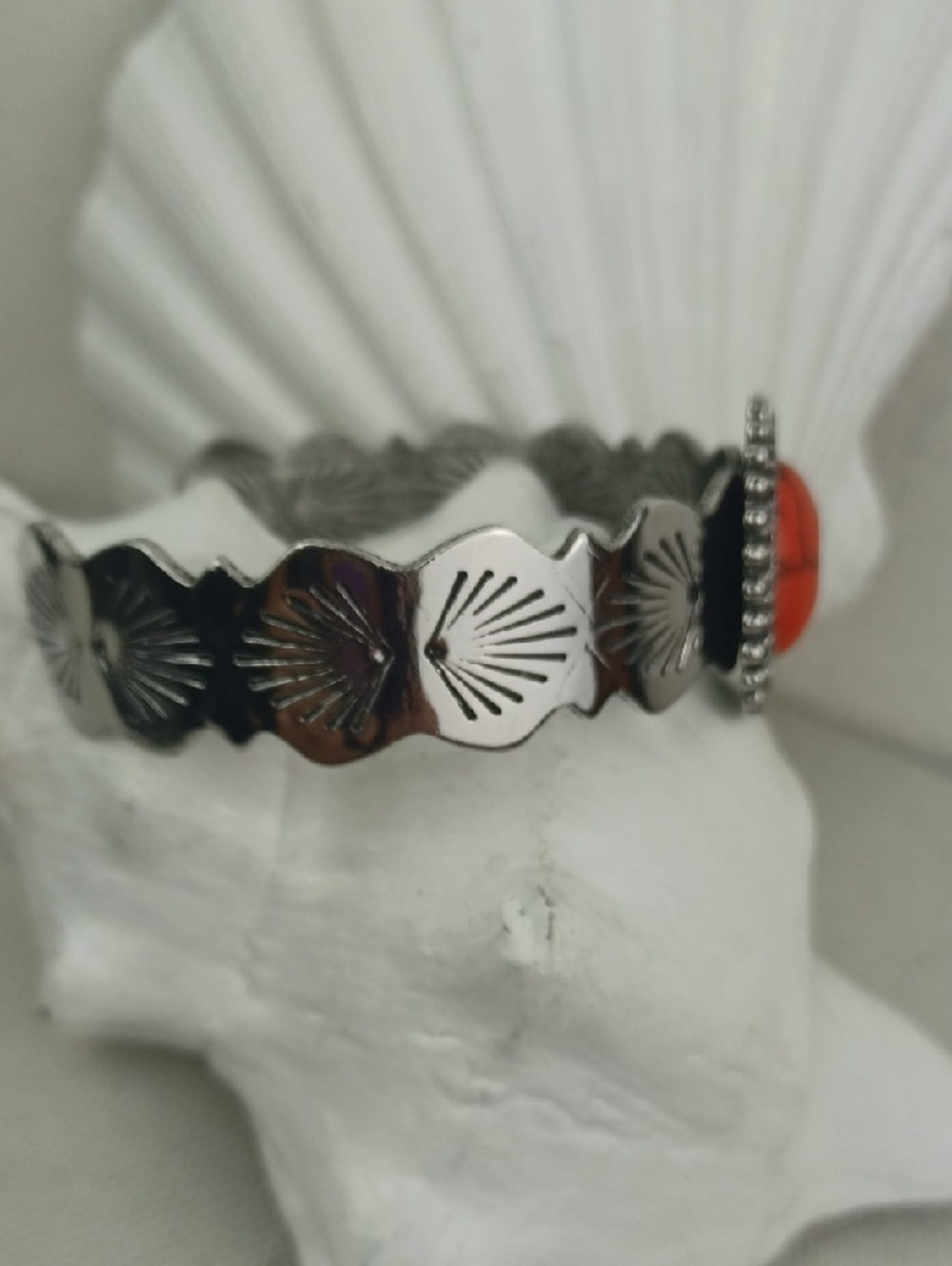 Southwest Sterling-Style Silver Cuff Red Stone Bracelet - Picture 3 of 9